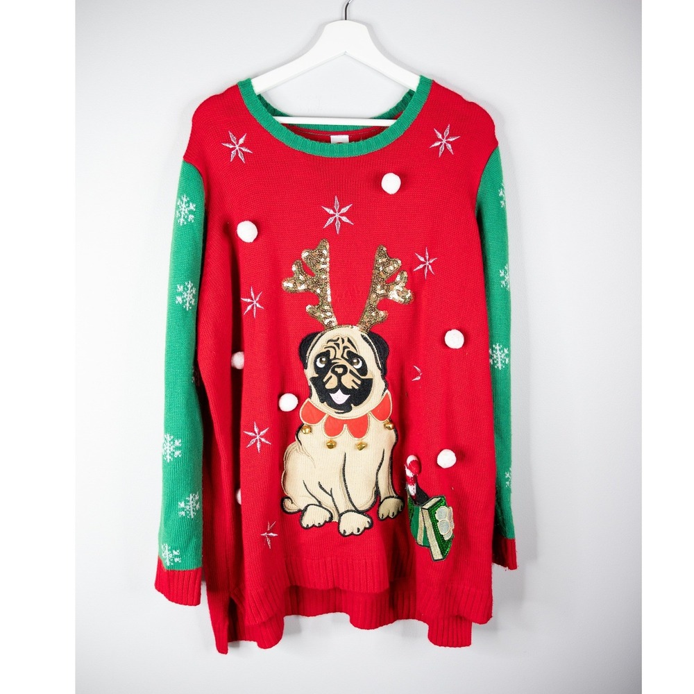 Holiday Time Sweater Womens 3X Red Pug Reindeer Sequin Ugly Christmas Excellent